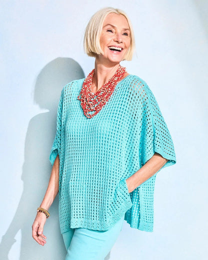 Chico's | Lurex Open-Stitch Sweater Poncho/ Bondi Blue