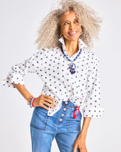Chico's | No Iron™ Stretch Jacquard Stars Shirt/ Passport Blue