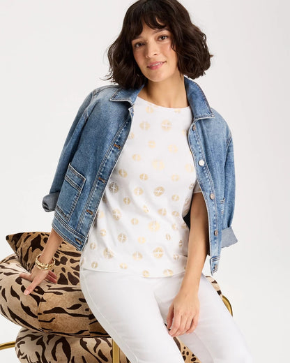 Chico's | Stamped Pima Elbow Sleeve Tee/ Alabaster