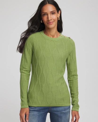 Chico's | Button Shoulder Crewneck Pullover/ Green Fig