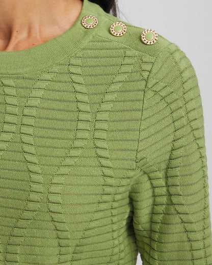 Chico's | Button Shoulder Crewneck Pullover/ Green Fig