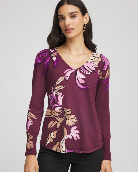 Chico's | Ella V-Neck Artisanal Pullover Sweater/ Deep Chianti