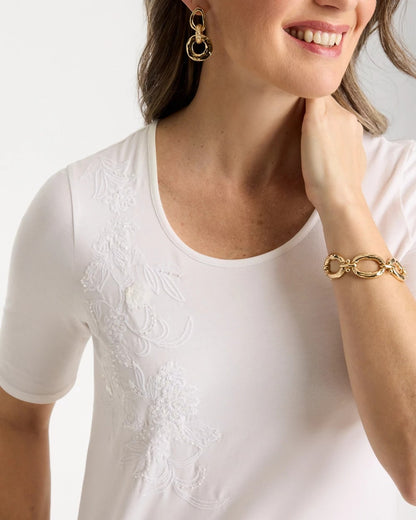 Chico's | Sequin Embroidered Floral Tee/ Alabaster