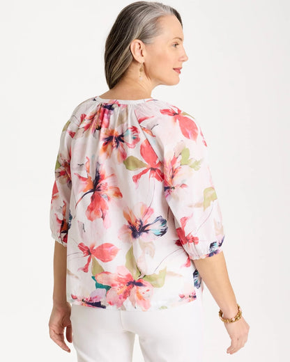 Chico's | Cotton Voile Croix Collage Blouse/ Calypso Coral