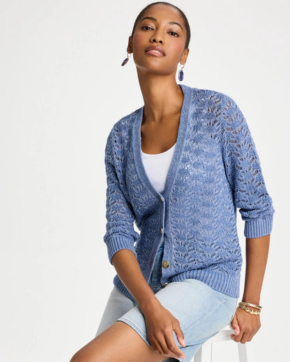 Chico's | Crochet Knit Pointelle Cardigan/ Denim