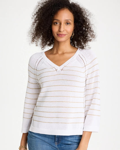 Chico's | Metallic Striped Pullover Sweater/ Alabaster