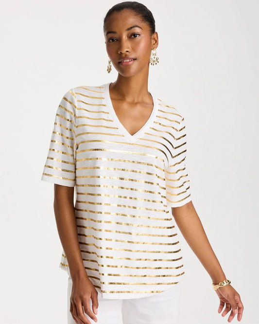 Chico's | Striped Cotton Slub V-Neck Tee/ Alabaster