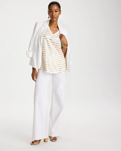 Chico's | Striped Cotton Slub V-Neck Tee/ Alabaster