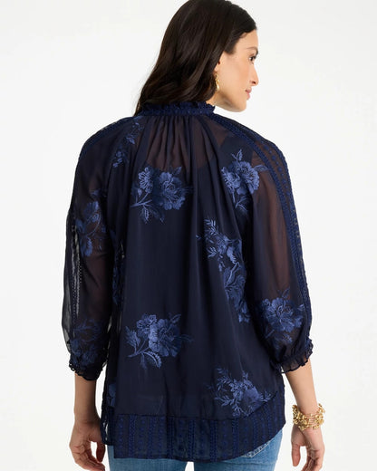 Chico's | Embellished Splitneck Blouse/ Passport Blue