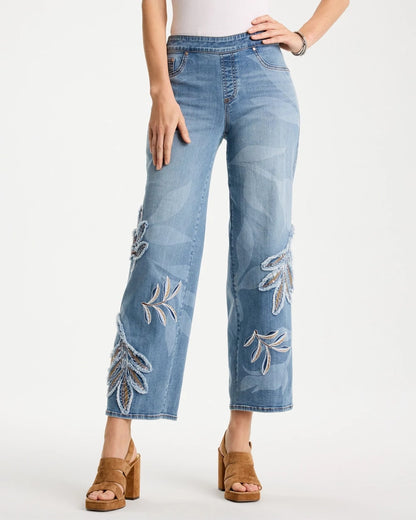 Chico's | Tropical Embroidery Pull-On Wide Crop Jean/ Pashmina Indigo