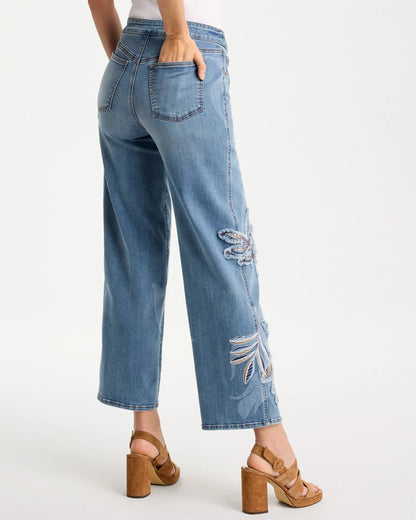 Chico's | Tropical Embroidery Pull-On Wide Crop Jean/ Pashmina Indigo