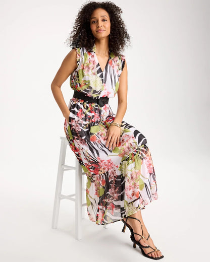 Chico's | Crinkle Chiffon Animal Print Dress/ Black