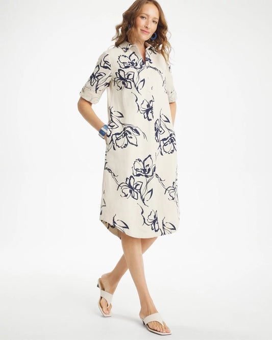 Chico's | Printed Linen-Cotton Shirtdress/ Passport Blue