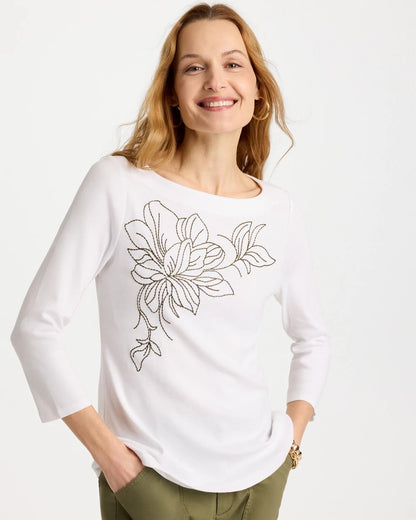Chico's | Embroidered Pima 3/4 Sleeve Tee/ Alabaster