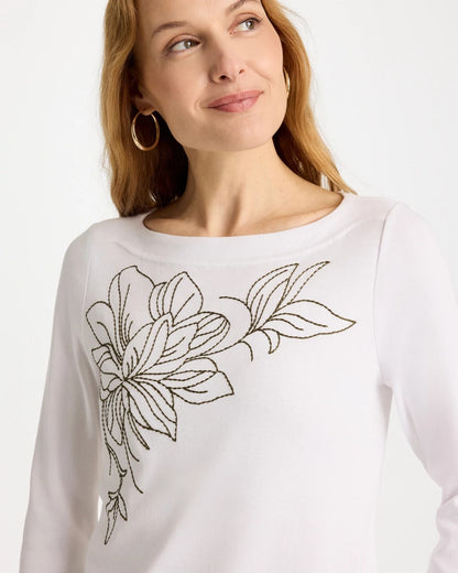 Chico's | Embroidered Pima 3/4 Sleeve Tee/ Alabaster