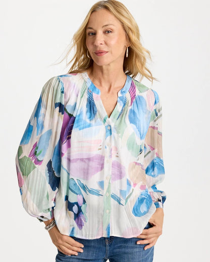 Chico's | Blur Geo Button Front Blouse/ Passport Blue