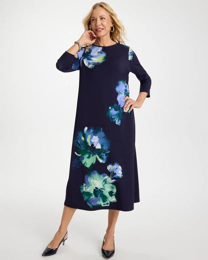 Chico's | Floral 3/4 Sleeve Maxi Dress/ Passport Blue