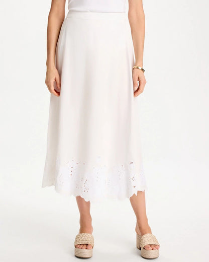 Chico's | Alabaster Twill Embroidered Hem Skirt/ Alabaster