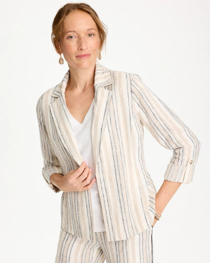 Chico's | Striped Linen Roll Sleeve Blazer/ Neutral