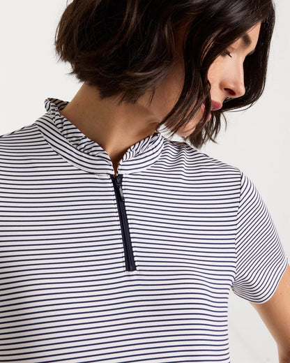 Chico's | Zenergy® UPF Ruffle Striped Half Zip/ Passport Blue