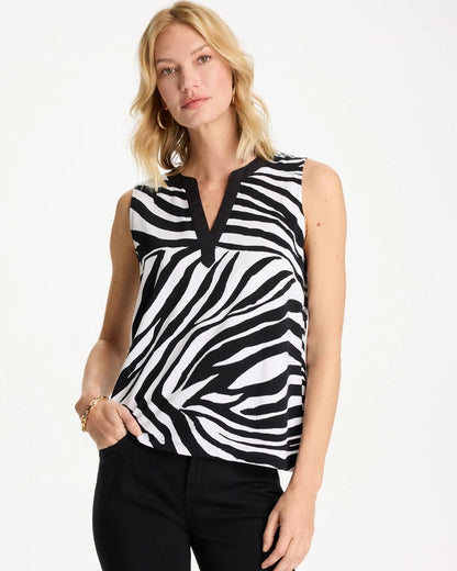 Chico's | Zebra Cotton-Stretch Notch Neck Tank/ Black