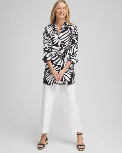 Chico's | No Iron™ Printed Palms Button Down Tunic/ Black