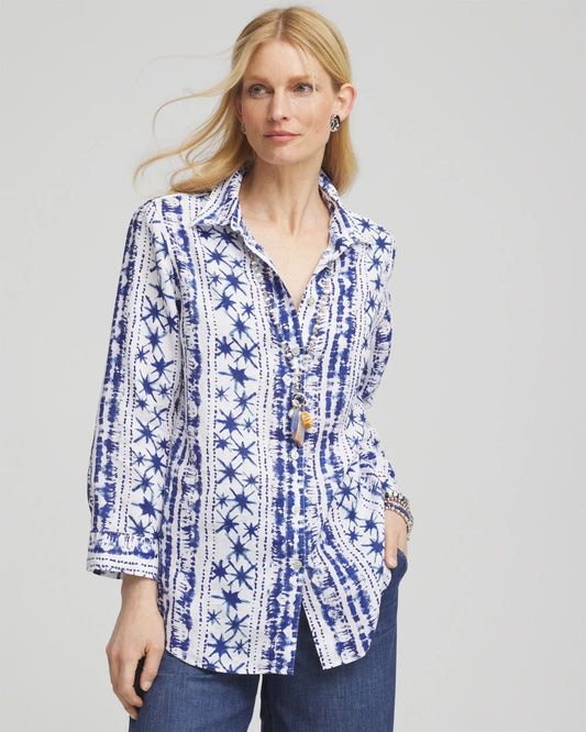 Chico's | No Iron™ Star Print Linen Shirt/ Rich Cobalt