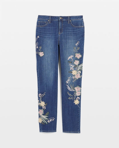 Chico's | Appliqué Girlfriend Slim Ankle Jeans/ Dragon Road Indigo