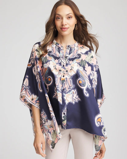 Chico's | Collarless Floral-Paisley Poncho/ Passport Blue