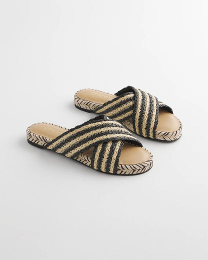 Chico's | Striped Raffia Cross-Strap Slide Sandal/ Black Raffia