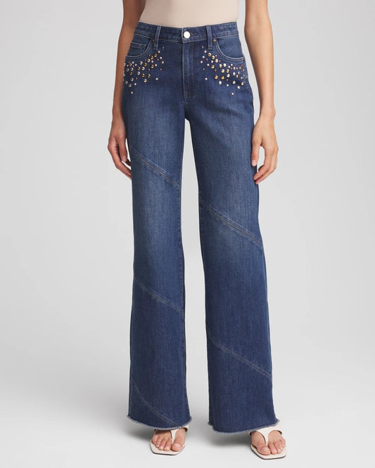 Chico's | Embellished Frayed Flared-Leg Jeans/ Irvina Indigo
