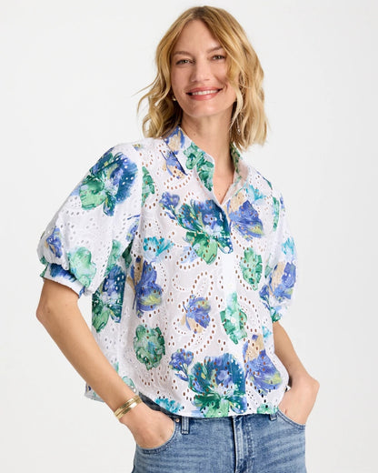 Chico's | Floral Paisley Eyelet Blouse/ Passport Blue