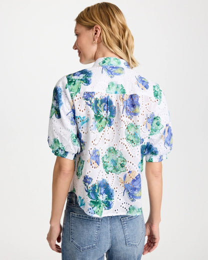 Chico's | Floral Paisley Eyelet Blouse/ Passport Blue