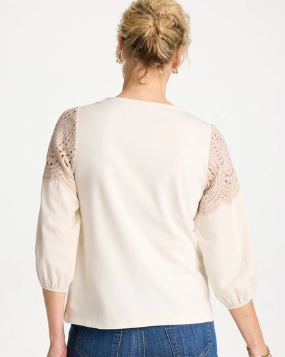 Chico's | Lace Crochet Sleeve Tee/ Ecru