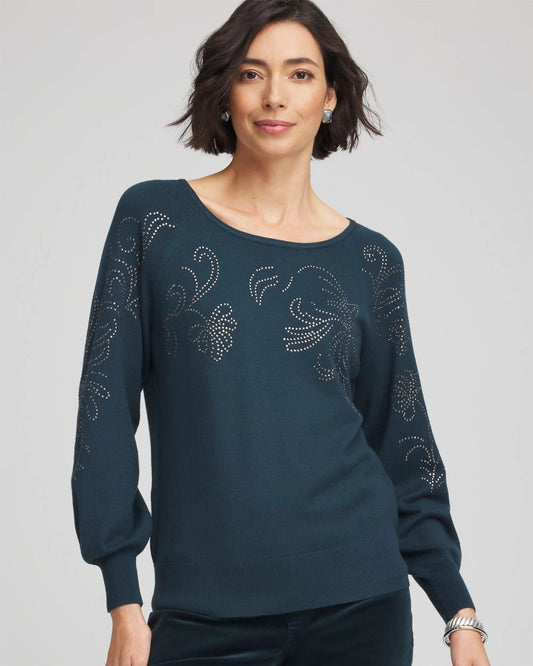 Chico's | Heatset Embroidered Pullover/ Teal Shadow