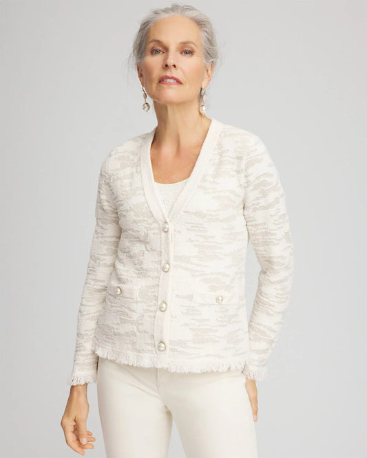 Chico's | Fringe Textured V-Neck Cardigan/ English Cream
