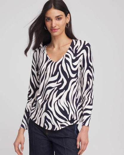 Chico's | Ella Zebra V-Neck Pullover Sweater/ Passport Blue