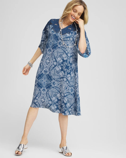 Chico's | Crepe Lace-Neck Dress/ Seaport Blue