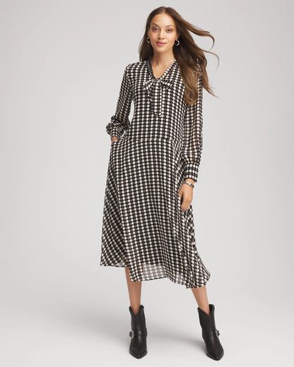 Chico's | Chiffon Clip-Dot Tie-Neck Dress/ Black