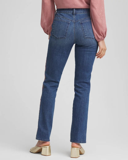 Chico's | Lace Embroidered Pull-On Straight Jeans/ Alpine Indigo