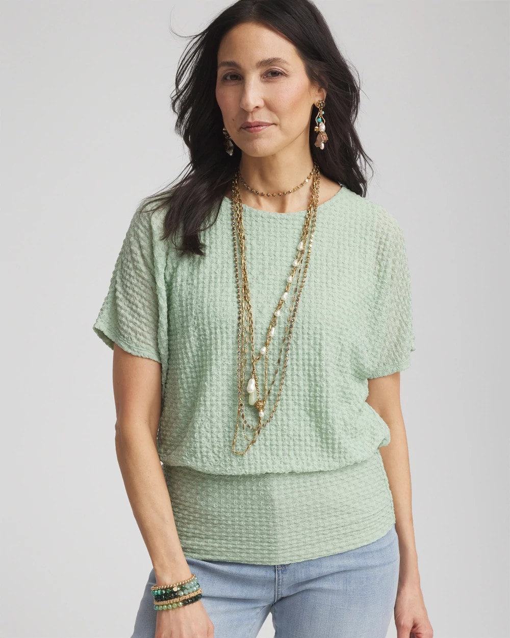 Chico's | Convertible Multi-Strand Jade & Faux Pearl Charm Necklace/ White/Gold