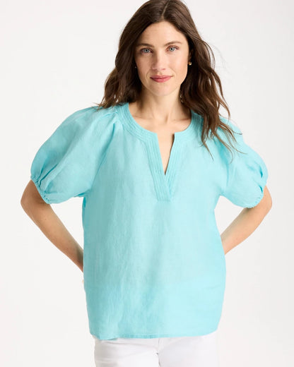 Chico's | Linen Trapunto Popover Top/ Bondi Blue