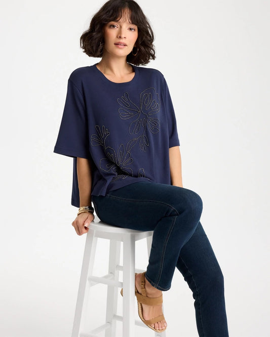 Chico's | Caviar Beaded Cotton Tee/ Passport Blue