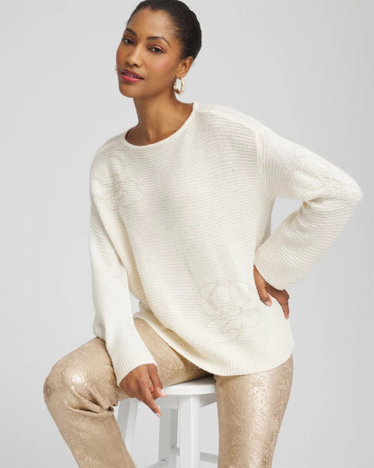 Chico's | Tonal Embroidered Boatneck Pullover Sweater/ English Cream