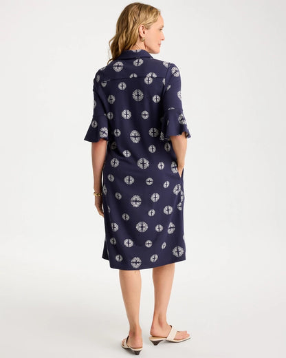 Chico's | Printed Ponte Flounce Sleeve Dress/ Passport Blue
