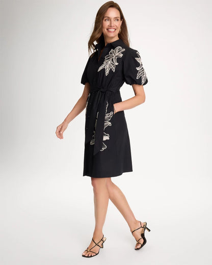 Chico's | Embroidered Poplin Cotton Belted Dress/ Black