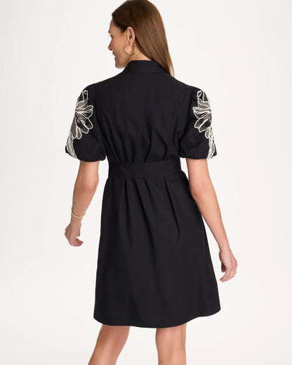 Chico's | Embroidered Poplin Cotton Belted Dress/ Black