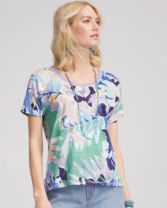 Chico's | Tropical Nights Sweater-Trim Linen Tee/ Blue Casa