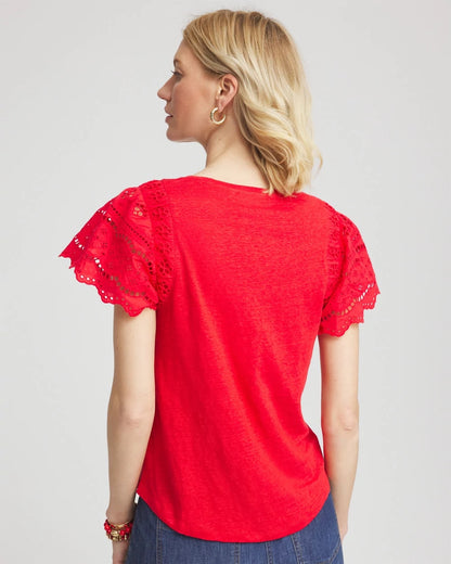 Chico's | Linen Embroidered Lace Tee/ Red Glow