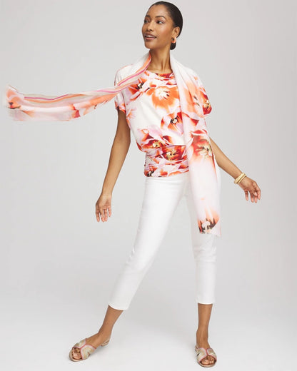 Chico's | Touch of Cool™ Tropical Ruched Banded Hem Top/ Orange Tango